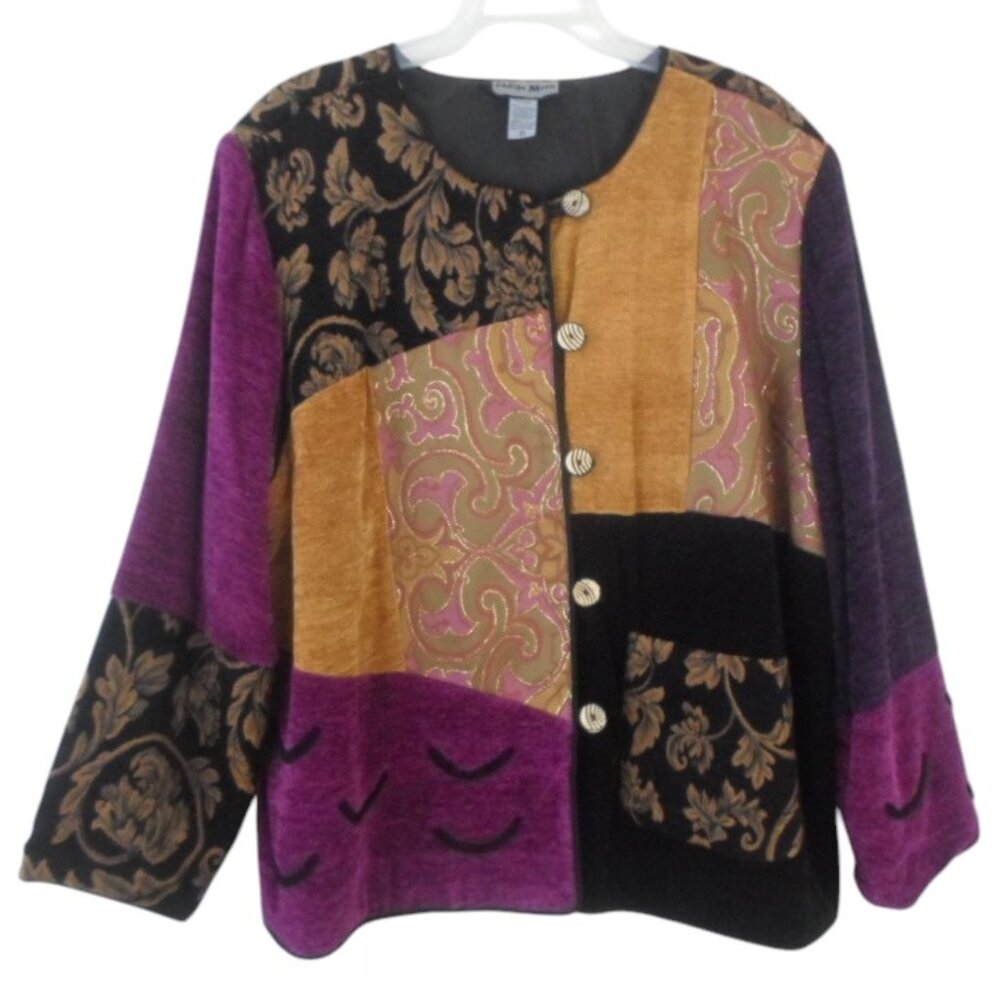 Indigo Moon Purple Gold Metallic Jacket sz 3X Tapestry Patchwork Chenille